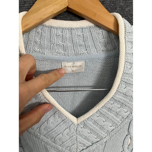 Blue Willi's Light Blue Cable Knit V-Neck Sweater Size M Cotton - Picture 4 of 8